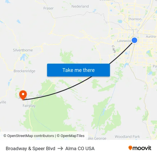 Broadway & Speer Blvd to Alma CO USA map