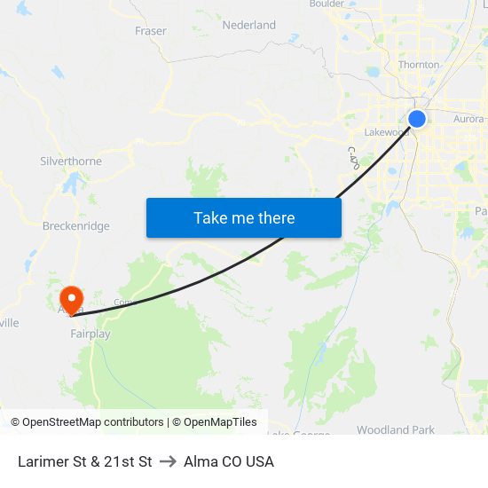 Larimer St & 21st St to Alma CO USA map