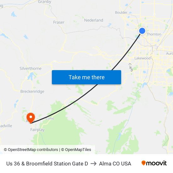 Us 36 & Broomfield Station Gate D to Alma CO USA map