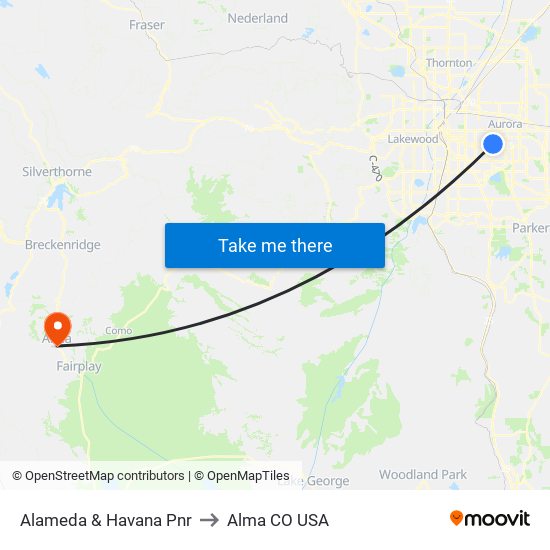 Alameda & Havana Pnr to Alma CO USA map