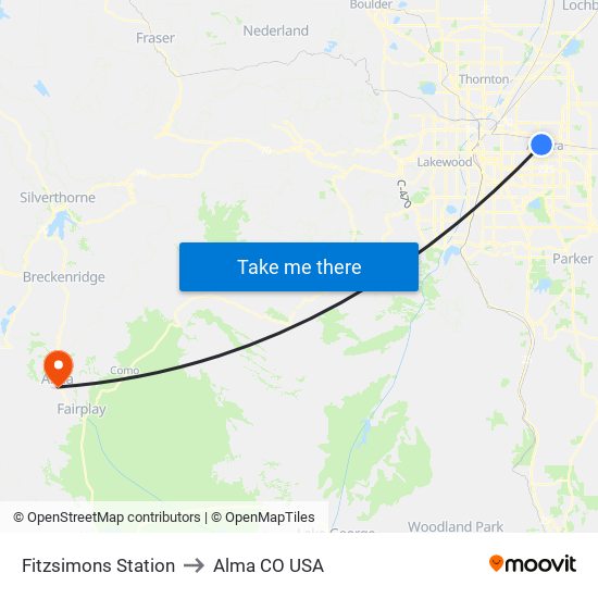 Fitzsimons Station to Alma CO USA map