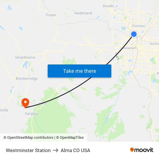 Westminster Station to Alma CO USA map