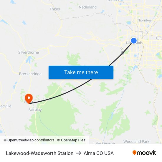Lakewood-Wadsworth Station to Alma CO USA map