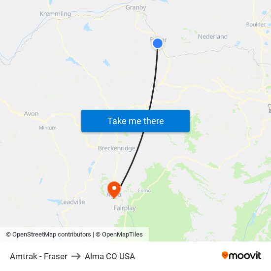 Amtrak - Fraser to Alma CO USA map