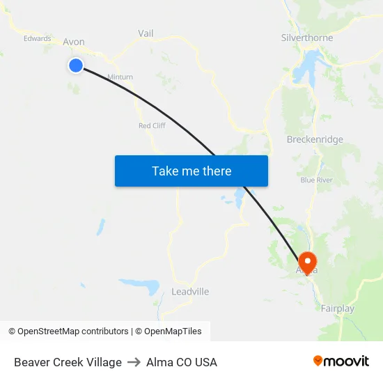 Beaver Creek Village to Alma CO USA map