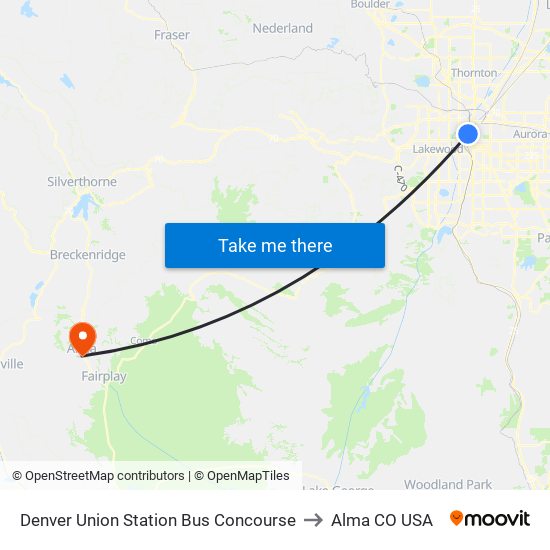 Denver Union Station Bus Concourse to Alma CO USA map