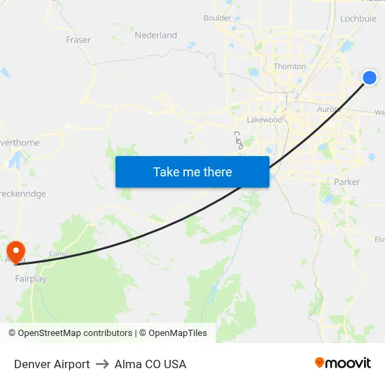 Denver Airport to Alma CO USA map