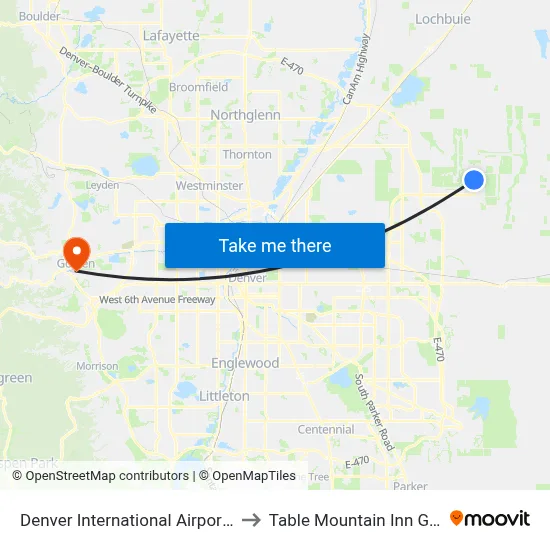 Denver International Airport Train to Table Mountain Inn Golden map