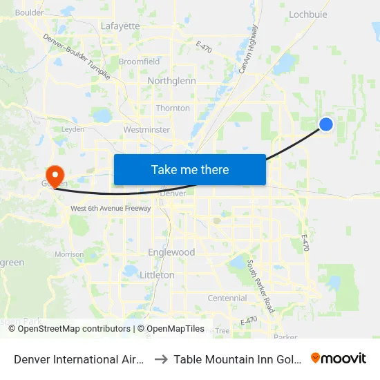 Denver International Airport to Table Mountain Inn Golden map