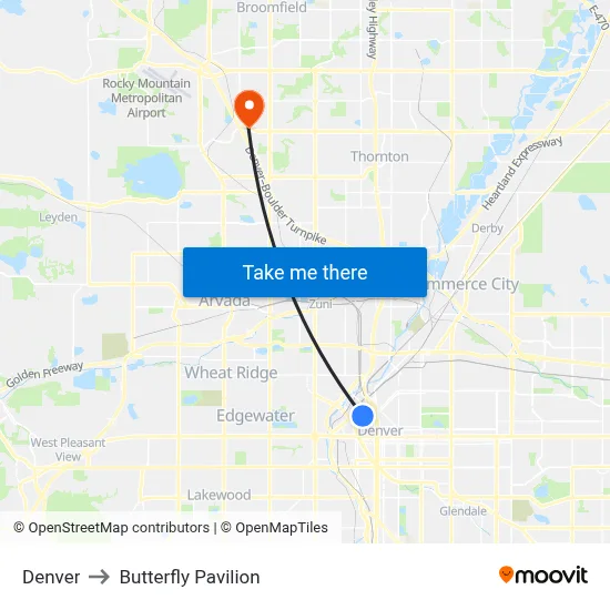 Denver to Butterfly Pavilion map