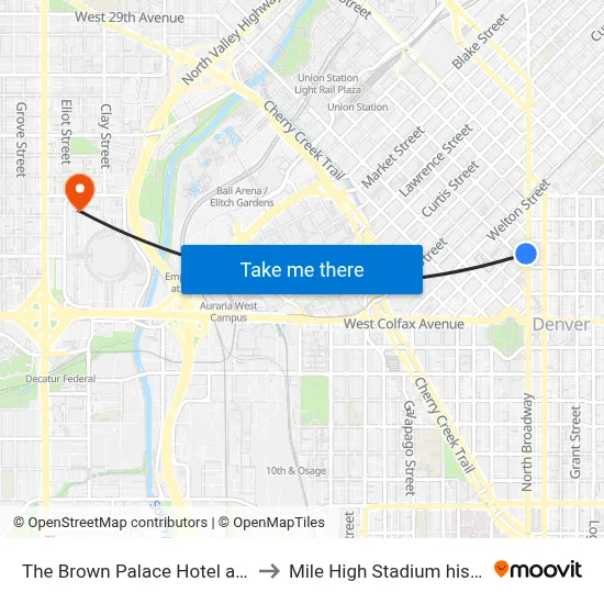 The Brown Palace Hotel and Spa to Mile High Stadium historical map