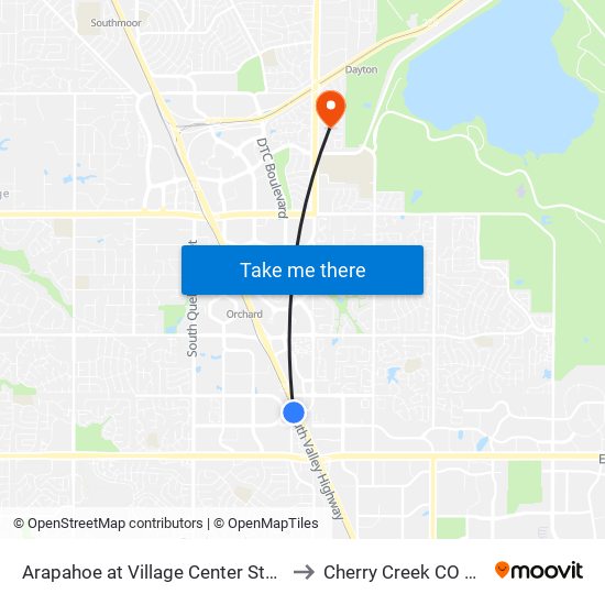 Arapahoe at Village Center Station to Cherry Creek CO USA map