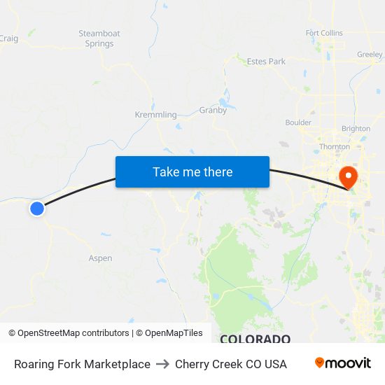 Roaring Fork Marketplace to Cherry Creek CO USA map