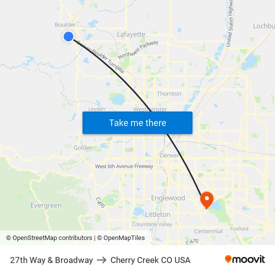 27th Way & Broadway to Cherry Creek CO USA map