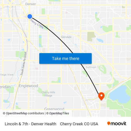 Lincoln & 7th - Denver Health to Cherry Creek CO USA map