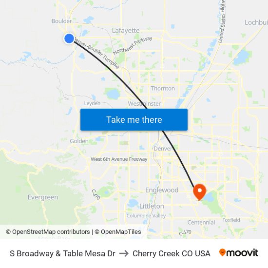 S Broadway & Table Mesa Dr to Cherry Creek CO USA map