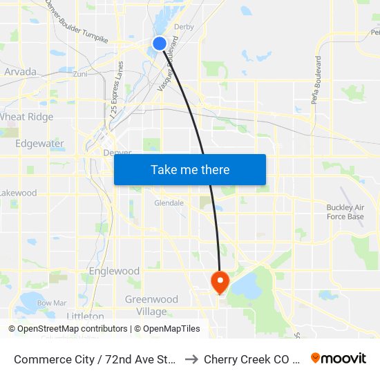 Commerce City / 72nd Ave Station to Cherry Creek CO USA map