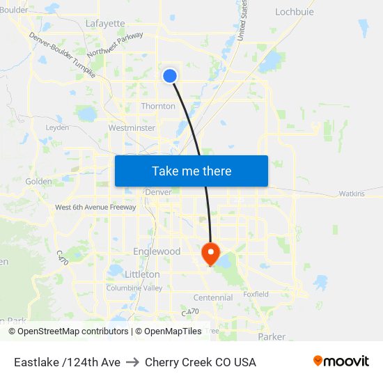 Eastlake /124th Ave to Cherry Creek CO USA map