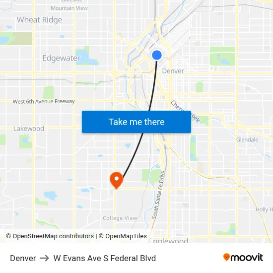 Denver to W Evans Ave S Federal Blvd map