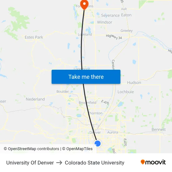 University Of Denver to Colorado State University map