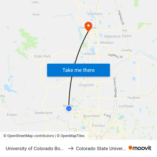 University of Colorado Boulder to Colorado State University map