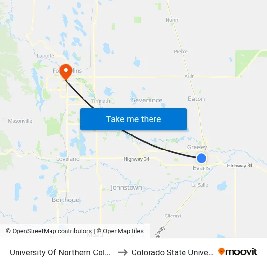 University Of Northern Colorado to Colorado State University map