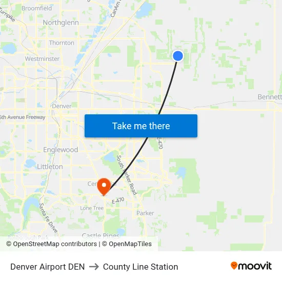 Denver Airport DEN to County Line Station map
