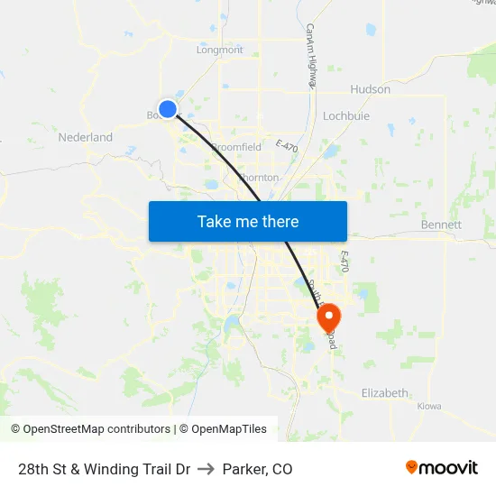 28th St & Winding Trail Dr to Parker, CO map