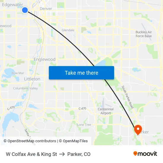 W Colfax Ave & King St to Parker, CO map