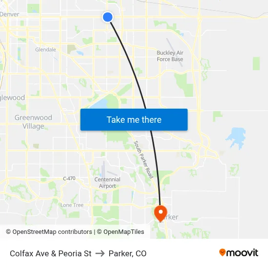 Colfax Ave & Peoria St to Parker, CO map