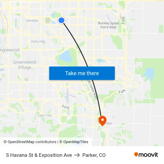 S Havana St & Exposition Ave to Parker, CO map