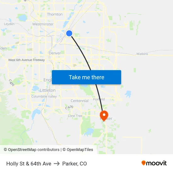 Holly St & 64th Ave to Parker, CO map