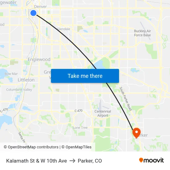 Kalamath St & W 10th Ave to Parker, CO map