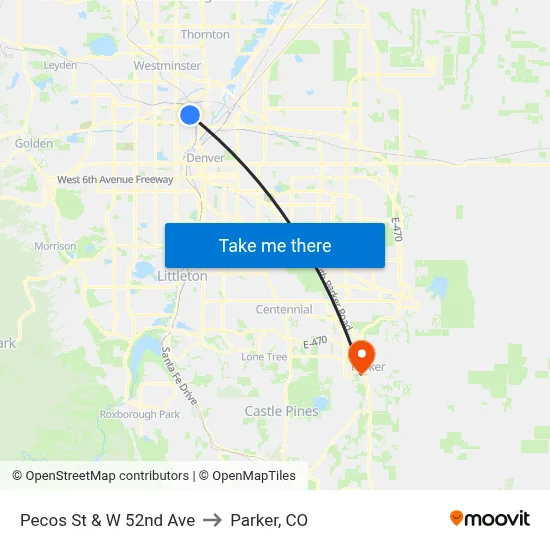 Pecos St & W 52nd Ave to Parker, CO map