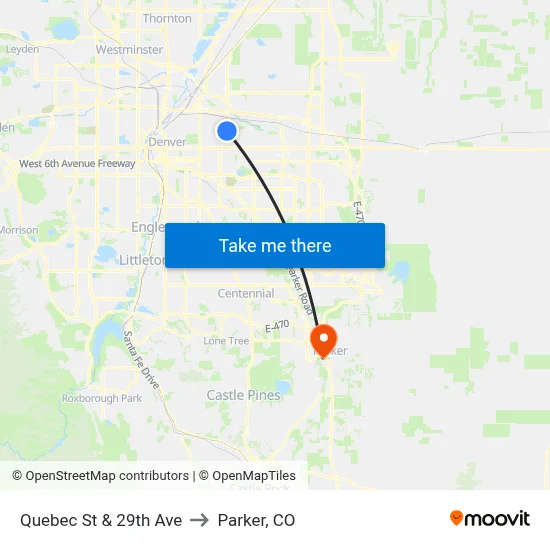 Quebec St & 29th Ave to Parker, CO map