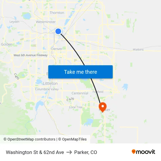 Washington St & 62nd Ave to Parker, CO map