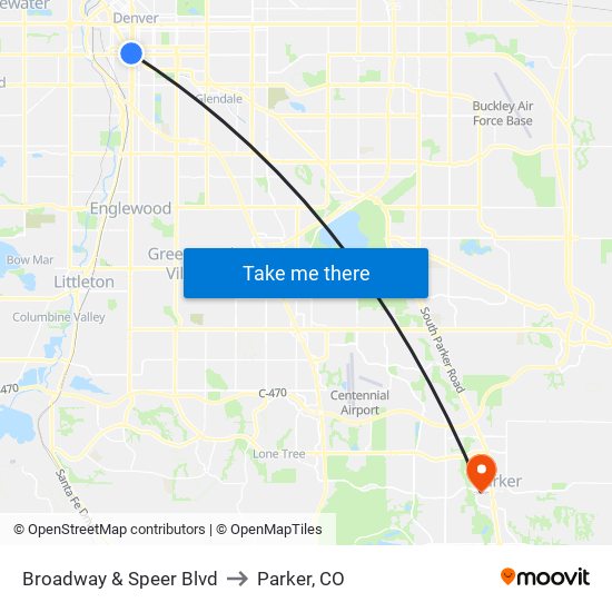 Broadway & Speer Blvd to Parker, CO map