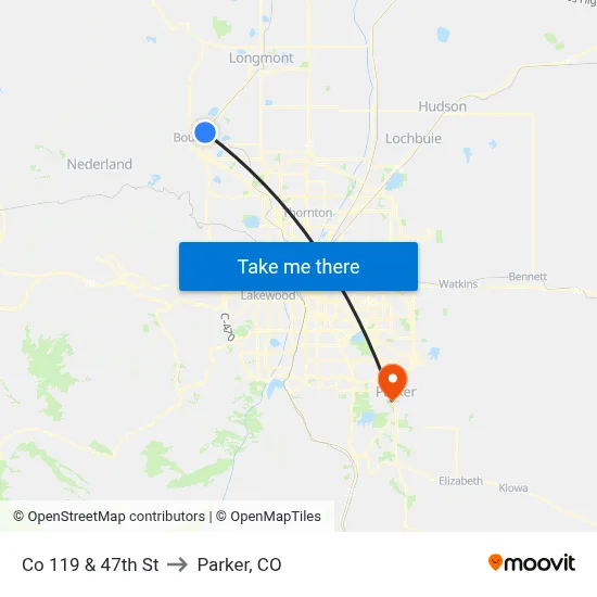 Co 119 & 47th St to Parker, CO map