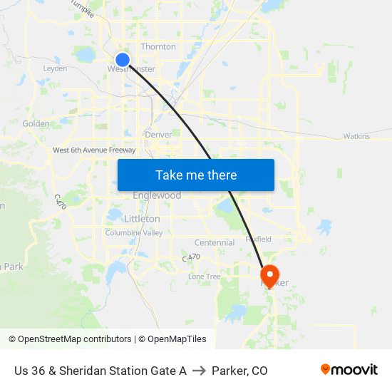 Us 36 & Sheridan Station Gate A to Parker, CO map