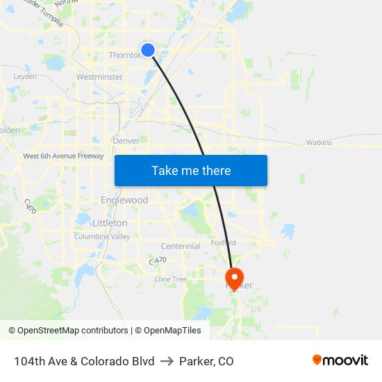 104th Ave & Colorado Blvd to Parker, CO map