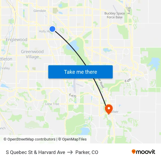 S Quebec St & Harvard Ave to Parker, CO map