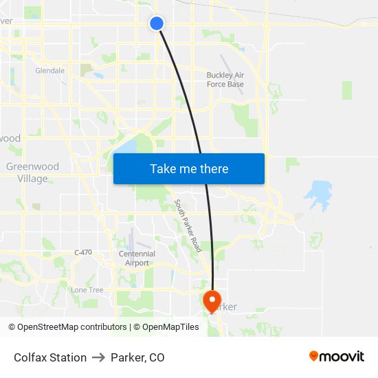 Colfax Station to Parker, CO map