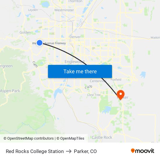 Red Rocks College Station to Parker, CO map