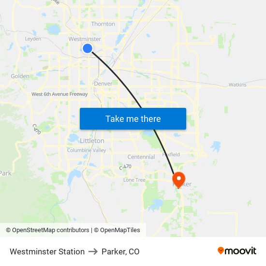 Westminster Station to Parker, CO map