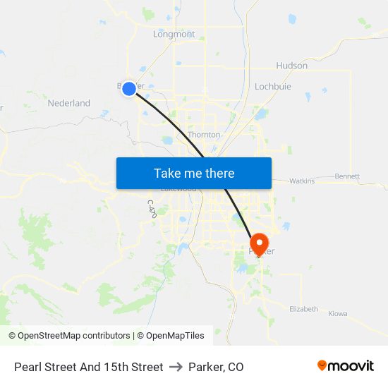 Pearl Street And 15th Street to Parker, CO map