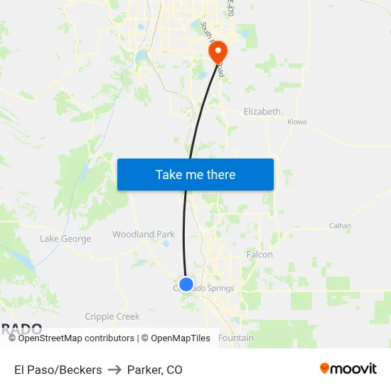 El Paso/Beckers to Parker, CO map