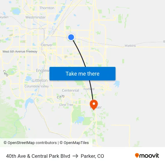 40th Ave & Central Park Blvd to Parker, CO map