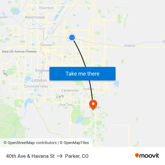 40th Ave & Havana St to Parker, CO map