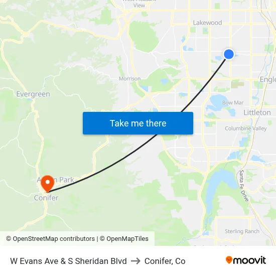 W Evans Ave & S Sheridan Blvd to Conifer, Co map