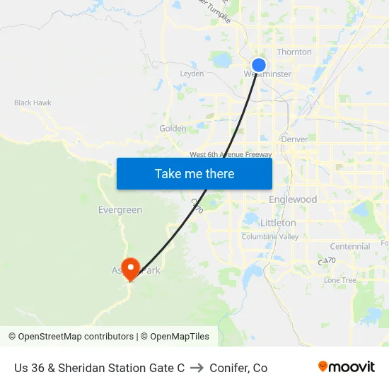 Us 36 & Sheridan Station Gate C to Conifer, Co map